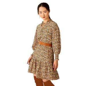 Charlotte Brody Saffron Mini Dress Womens Small Black Tan Long Sleeve Silk Print